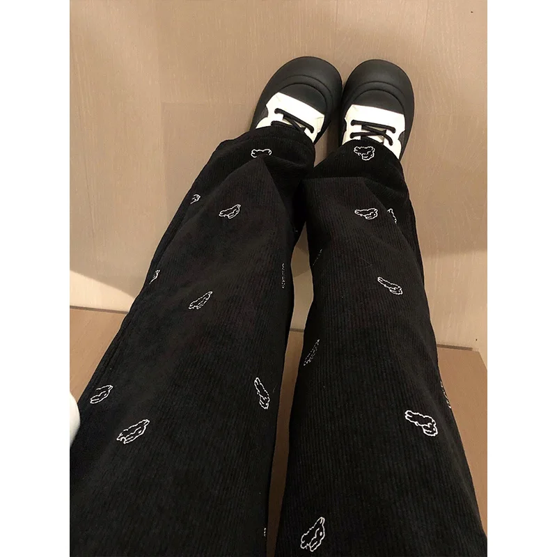 

Thickened Fleece Corduroy Pants for Women Casual Wide Leg Pants Autumn Winter Printed Rabbit Design Loose Straight Cut Trousers