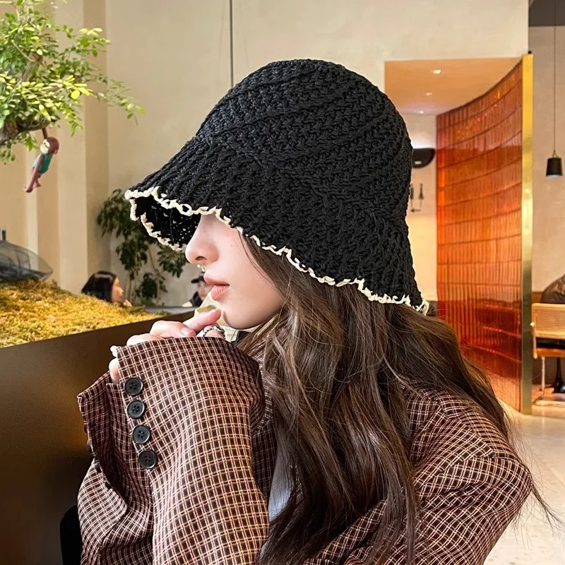 Japanese Lace Hollowed Out Breathable Thin Straw Fisherman Hat for Women's Summer Shading