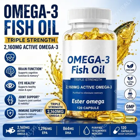 Triple Strength Omega-3 Fish Oil Softgels with EPA & DHA, Daily Wellness Support for Men & Women, 120 Capsules