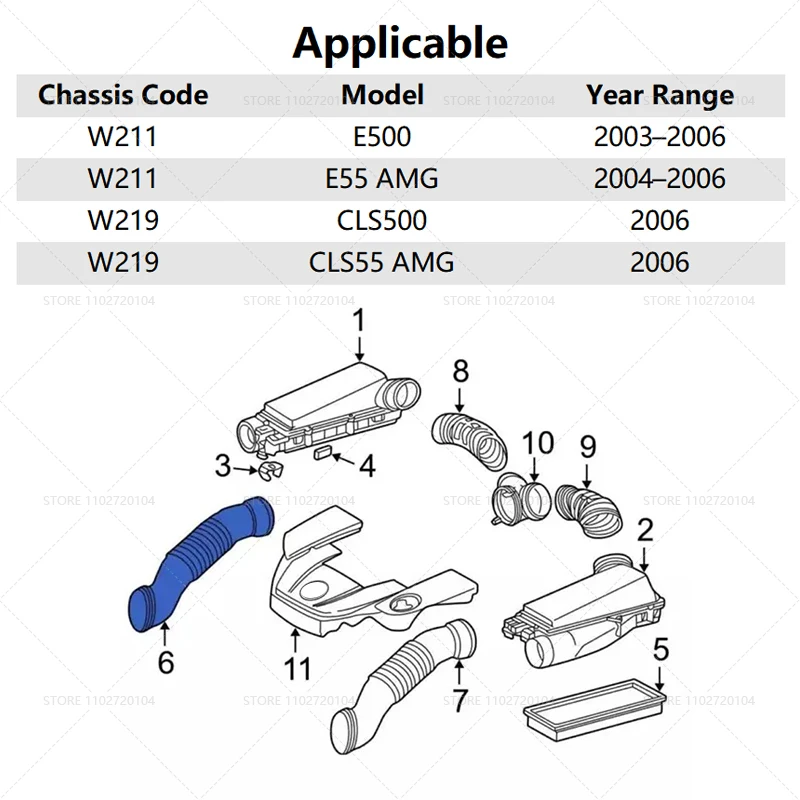 for 2003-2006 W211 W219 Mercedes Benz E/CLS Class E500 E55 AMG CLS500 CLS55 AMG Air Intake Duct Hose Tube 1130942182 1130942282