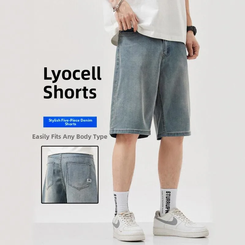 

Laisel Fiber Denim orts Men's Summer Straight Loose Thin Breathable Waed Vintage Mid-Waist Jeans Modern Sle