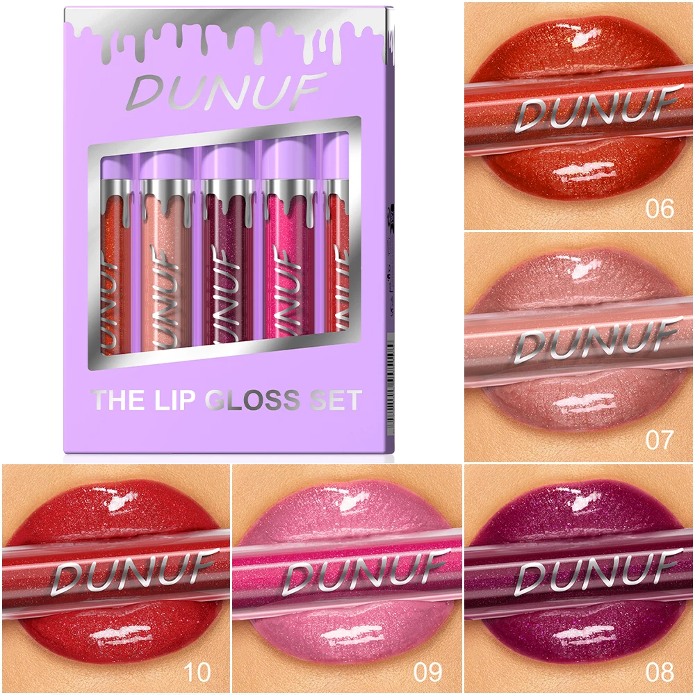 DUNUF 5 set di lucidalabbra perlato, lucidalabbra idratante, rossetto facile da colorare