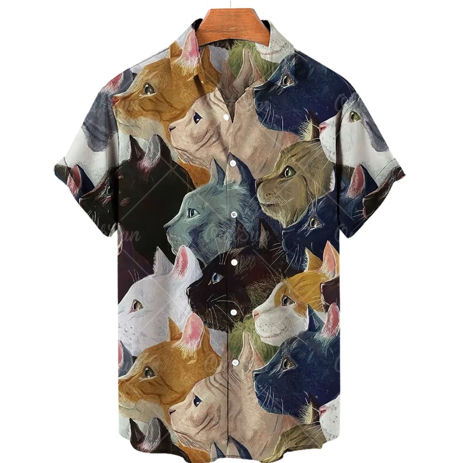 Hawaiian Short Sleeve Men\'s Shirt, Casual Shirt with Cute Cat Print, Lapel, V-neck, Beach, Summer, 5xl, 2022