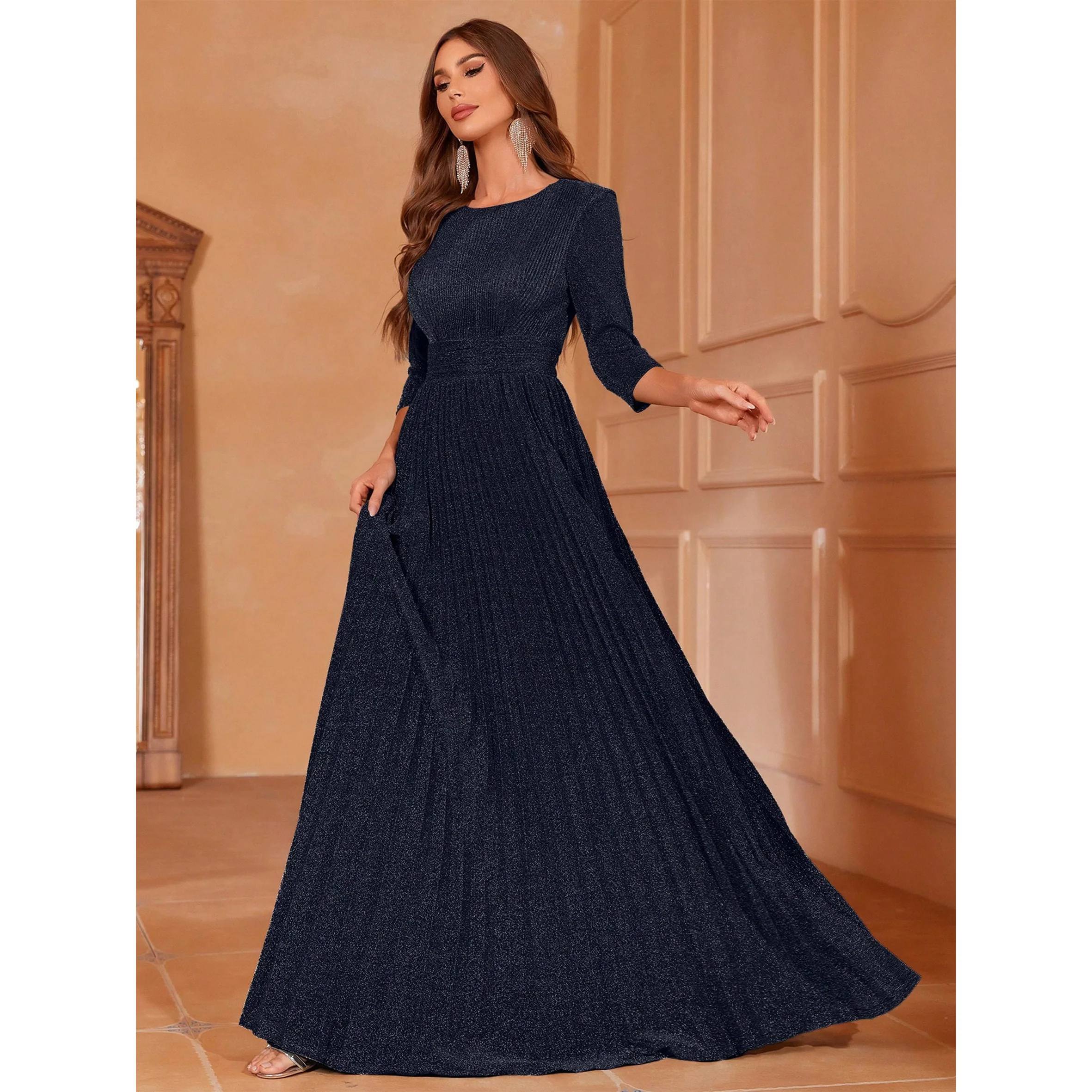 

Glitter 3/4 Sleeve Floor Length Pleated Formal Dress