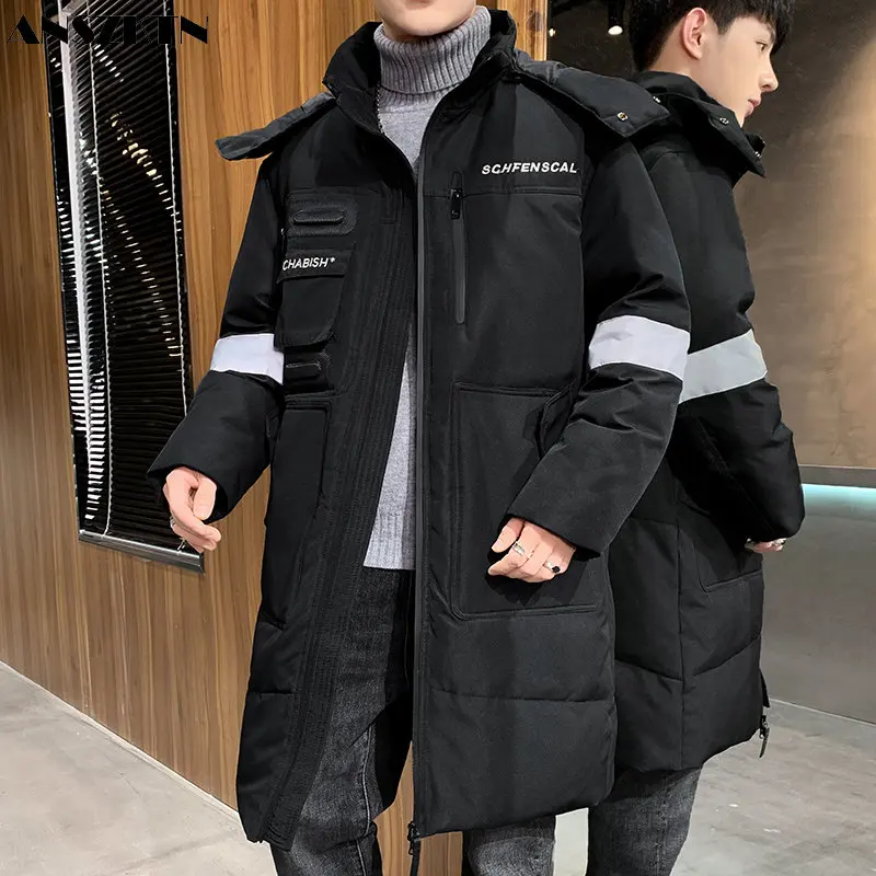 ANSZKTN Men trend big pocked wadded long overcoat reflective stripe winter warm coat men knee-length white duck down jacket