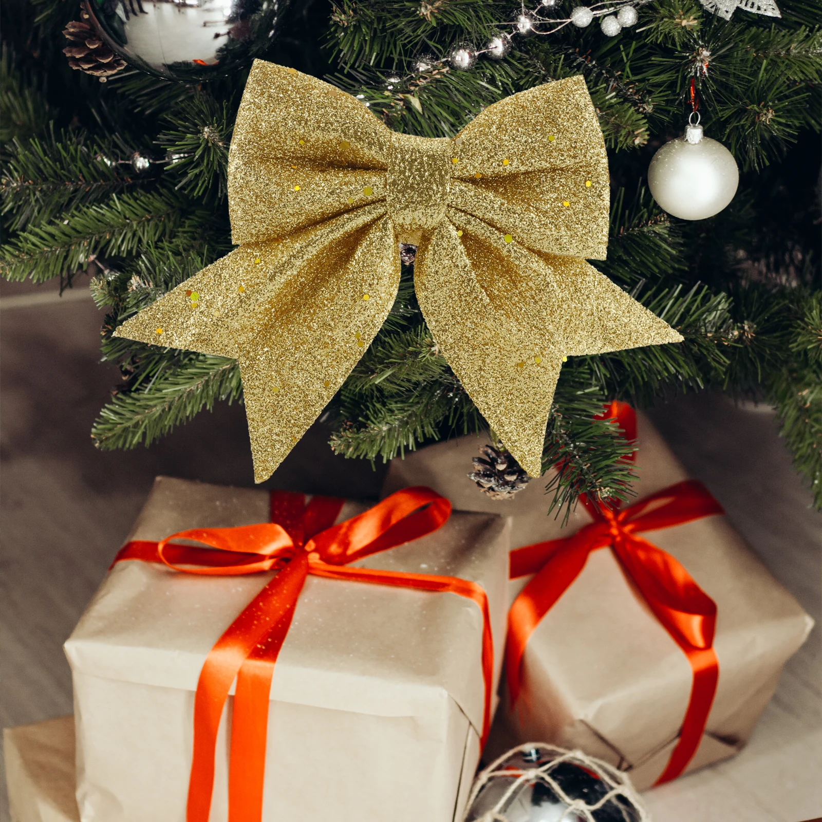 

DIY Decorative Bow Ornament Christmas Tree Glitter Decoration Reusable Pearl Wool Material Dust Effect