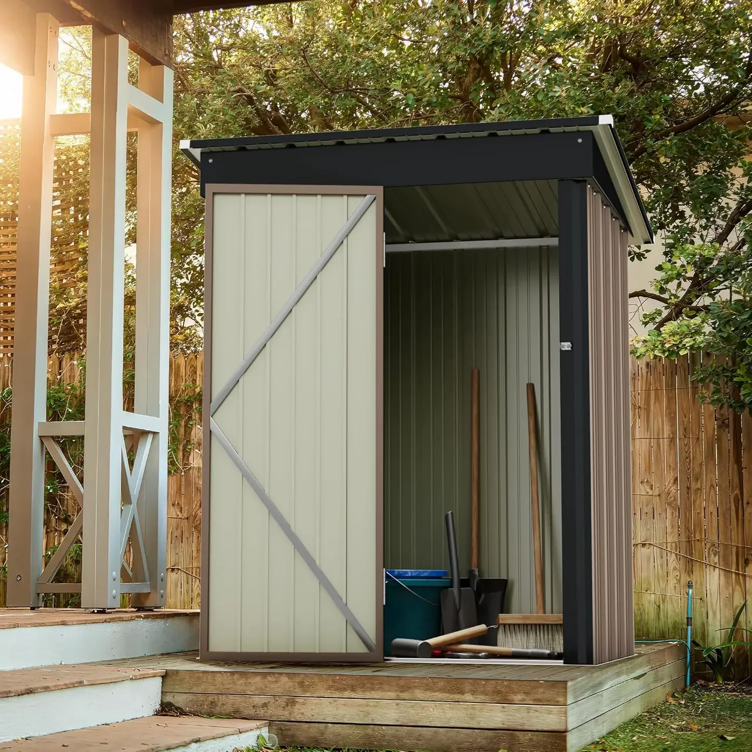 Outdoor Storage Shed 5 x 3 ft. Utility Tool Shed Metal Storage Garden Shed with Door & Lock for Patio Storage, Brown