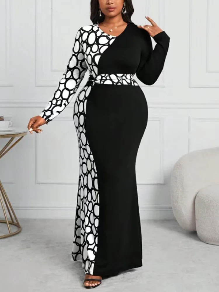 Gibsie Plus Size Herfst V-Hals Lange Mouw Zeemeermin Zoom Bodycon Jurk Vrouwen Zwart Contrast Print Elegante Maxi Jurken 2024 Nieuwe