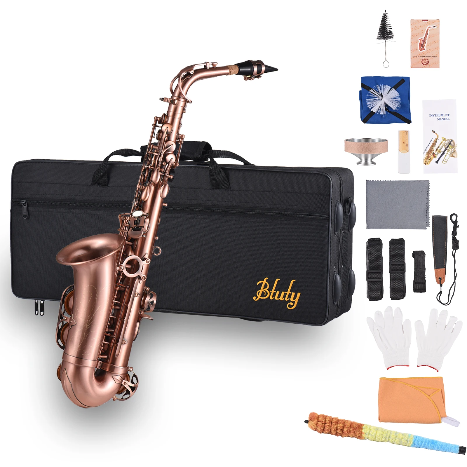 Btuty Professional Red Bronze Bend Eb E-flat Alto Saxophone Sax Abalone Shell Key Carve Pattern with Case Gloves Cleaning Cloth