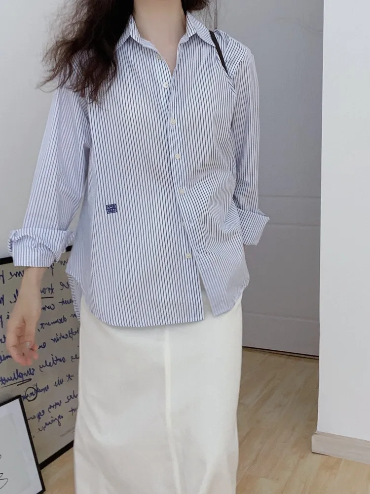 

Loose Fit Long Sve Blue White Striped irt Women's Design Sensation Autumn Early Season French Sle Pure Cotton Button up
