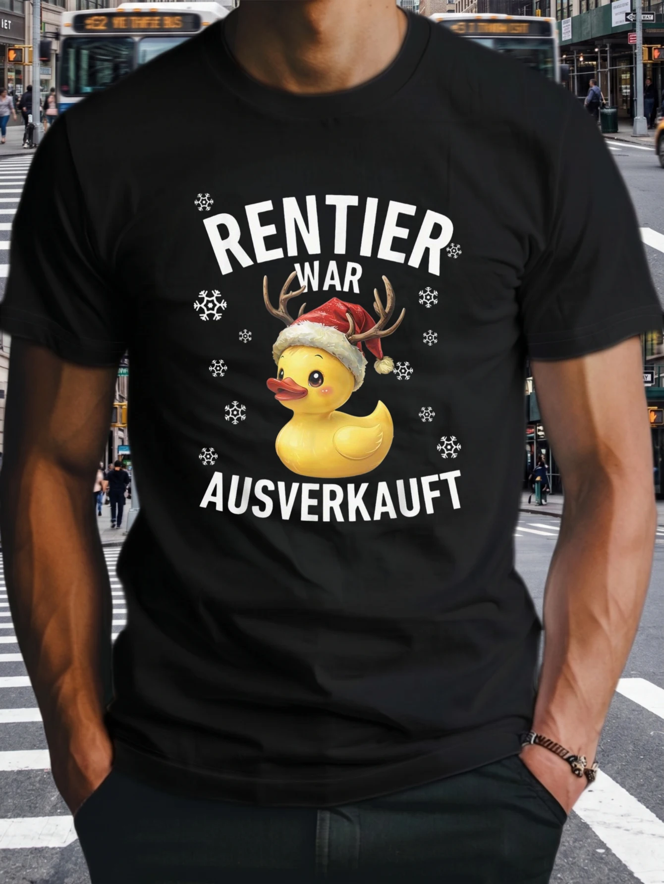 1 Stück 100% Baumwolle Unisex Rentier War Ausverkauft mit festlicher Ente und Schneeflocken, O-Ausschnitt, kurze Ärmel, T-Shirt-Druck, Übergröße, bequeme Freizeitkleidung, maschinenwaschbar.