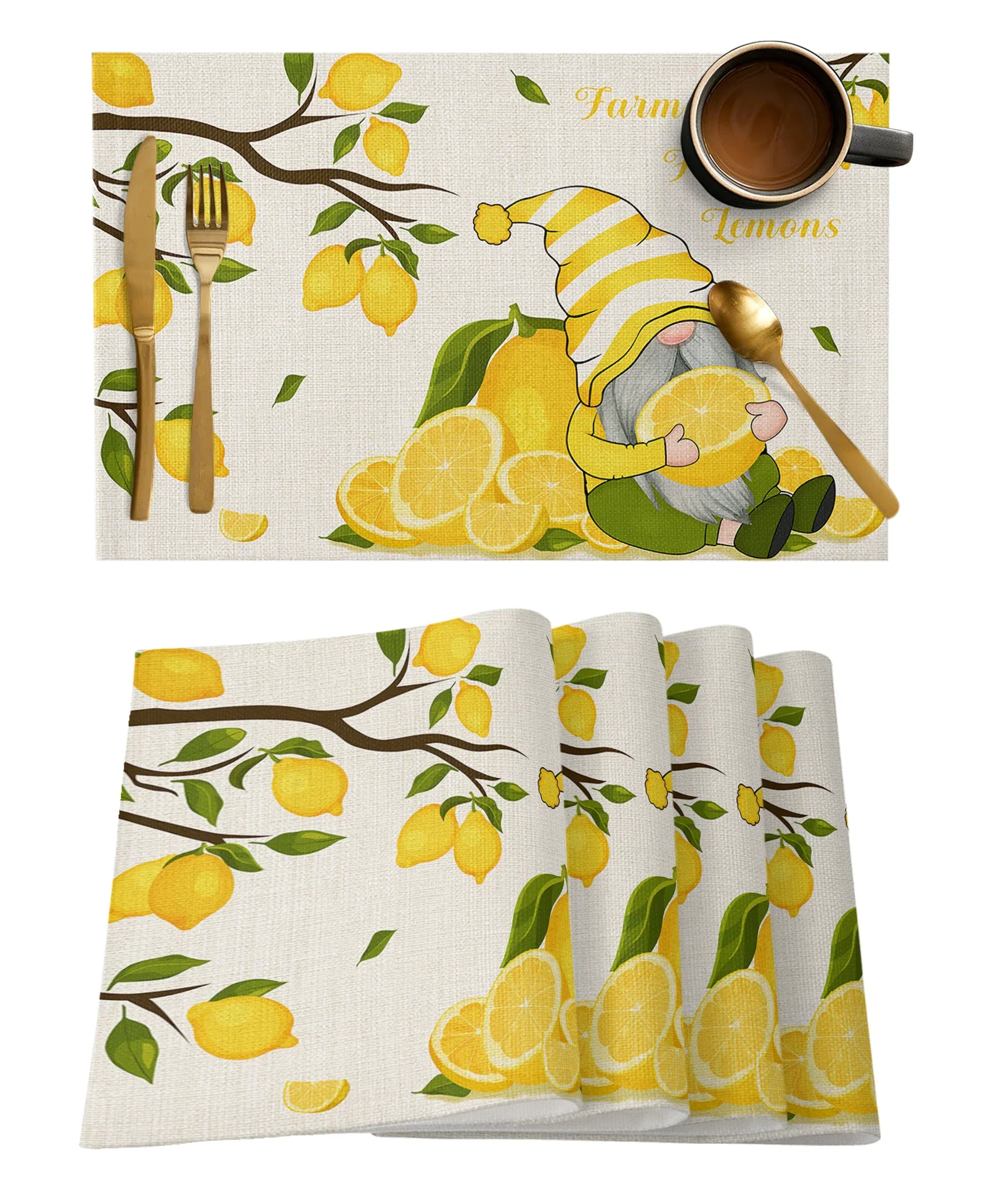 Lemon Dwarf Summer Placemat for Dining Table Tableware Mats 4/6pcs Kitchen Dish Mat Pad Counter Top Mat Home Decoration