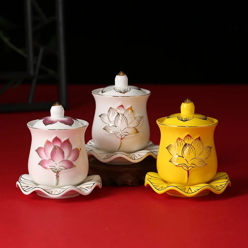 Lotus Cup Relief Ceramic Tea Cup, Guanyin Cup with Lid, Water Cup for Buddha, Wealth Attracting Tea Set, Coffee Table Decoration