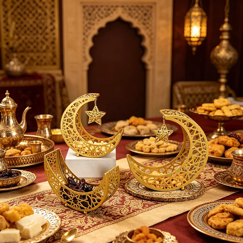 Crescent Moon Metal Storage Basket Hollow Snack Tray Ramadan Eid Table Decor Middle Eastern Home Organizer Display
