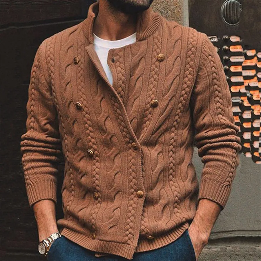 

New 2024 Men's Knitted Cardigan Sweater Casual Coat Stand Collar Knitwear Long Sleeve Double Breasted Streetwear Male Jacket