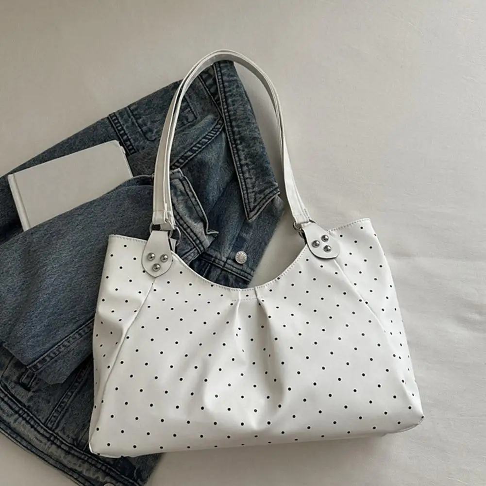 Damen-Umhängetasche, Vintage-Polka-Dot-Design, Pendler-Tragetasche, große Kapazität, PU-Leder-Handtasche, Unterarmtasche für Schule, Büro und den täglichen Gebrauch. – Detail 17