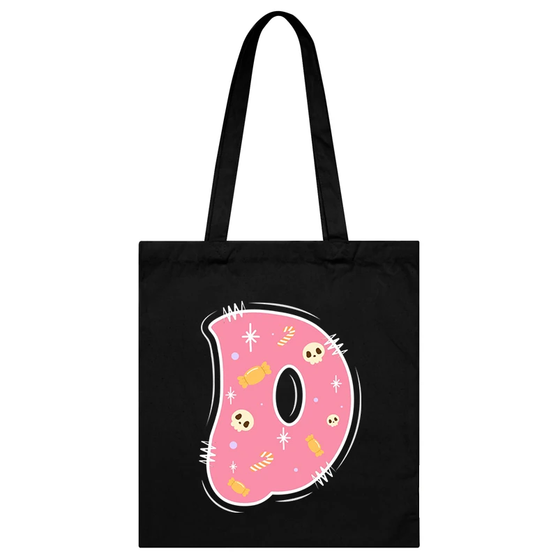 1Pcs Women's Cute Anime Letter Tote Bag Canvas Funny Candy Print Pink Alphabet Large Capacity Commuter Bag Practical Y2K Handbag