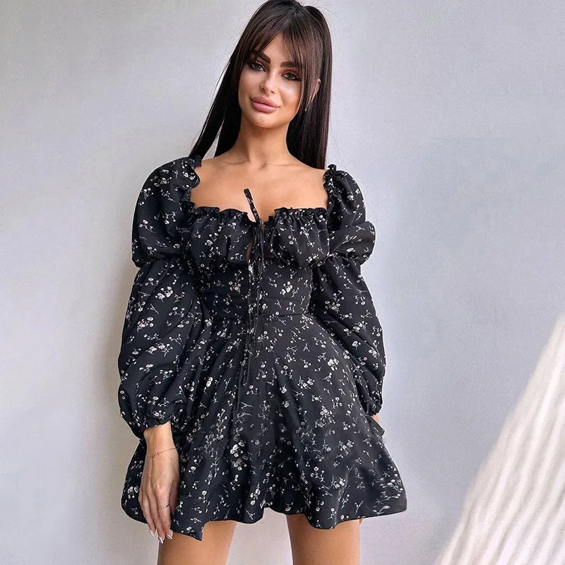 Fashion Sexy Camis Short Black Dress Women's Floral Long Puffy Sleeve Silm Mini Dresses Casual Backless Puffy Shirt Y2k Clothes