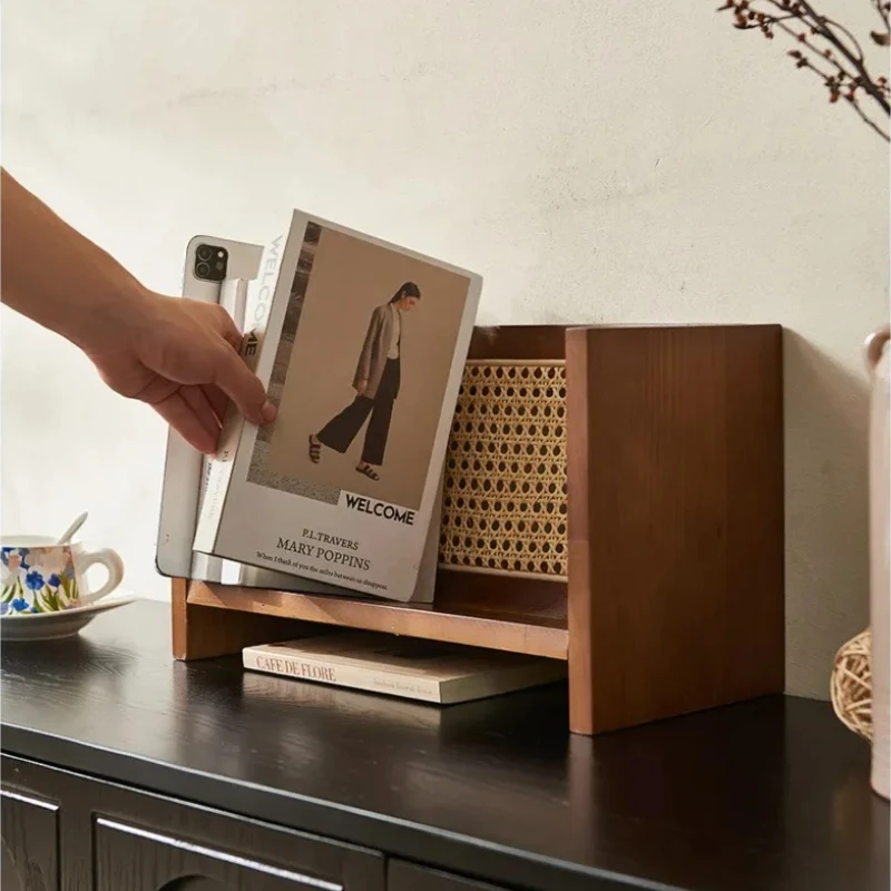 

Nordic Creative Book Shelves Solid Wood Magazine Rack Desktop Multilayered Newspapers Shelf Natural Rattan Weaving Display Stand