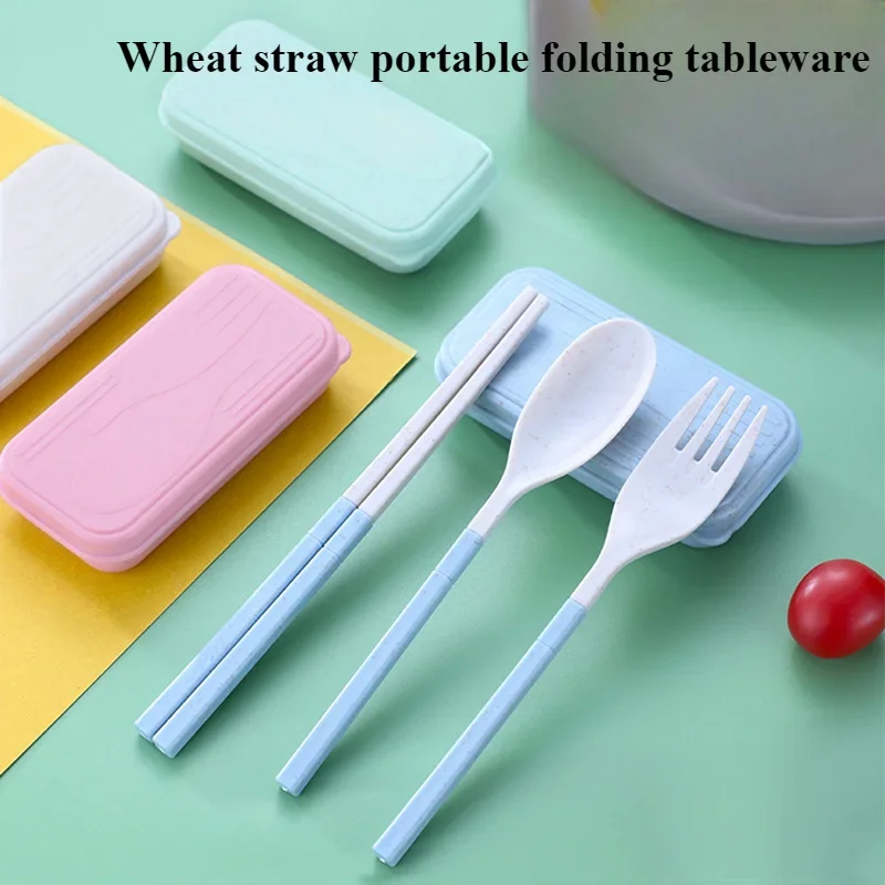 Cross-border Wheat Straw Tableware Three-piece Chopsticks Spoon Fork Folding Portable Tableware Set