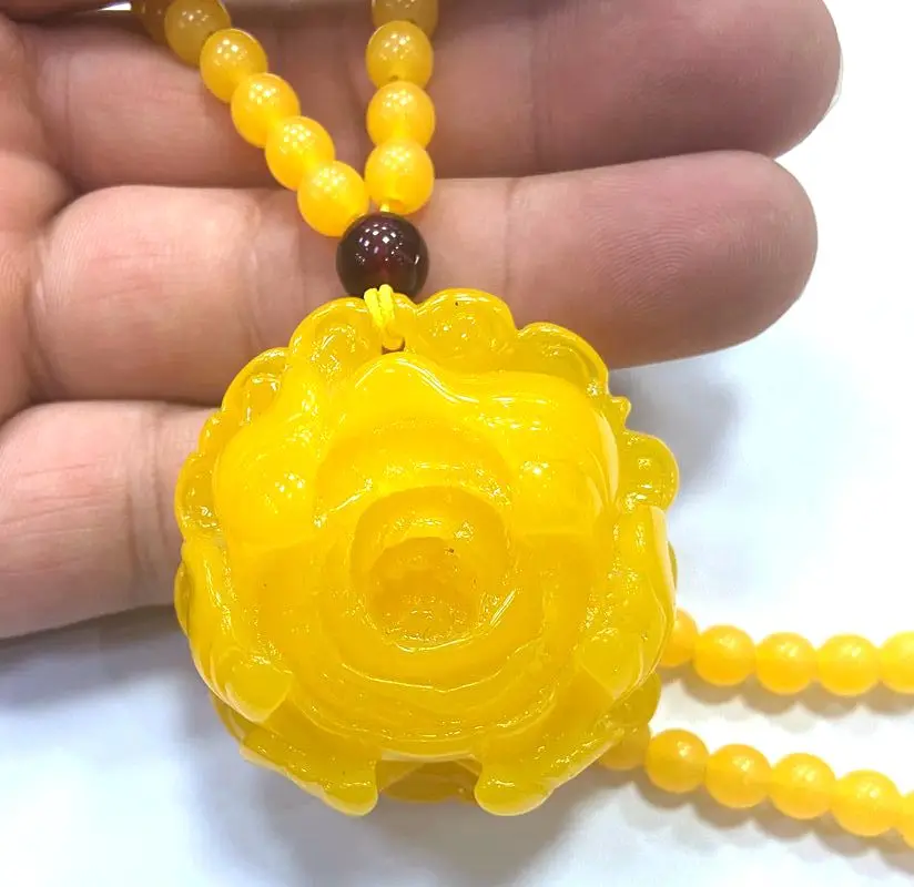 Natural 6mm Mexican Amber Beeswax + 43*44*22mm Amber Rose Flower Pendant Necklace+ 100% Certificate