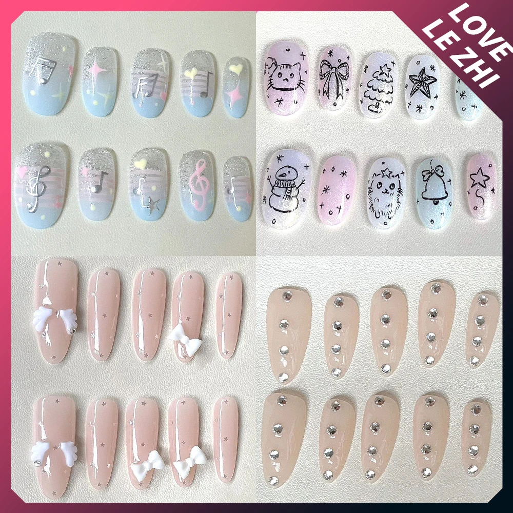 

Kawaii Cartoon Hello Kitty Cat Handmade Nail Party Sticker Cute Shining Stars Cat Eyes Bow Diamond Musical Notes Press On Nail