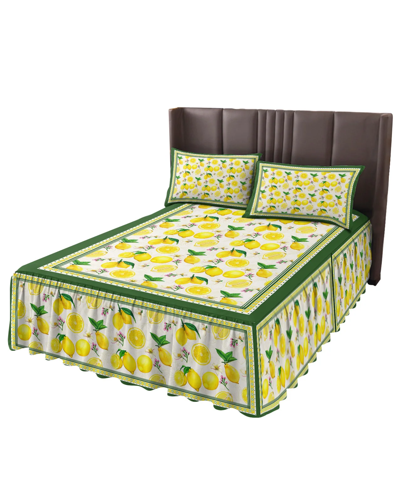 Summer Idyllic Fruit Lemon Green Bed Skirt Elastic Fitted Bedspread With Pillowcases Mattress Cover Bedding Set Bed Sheet