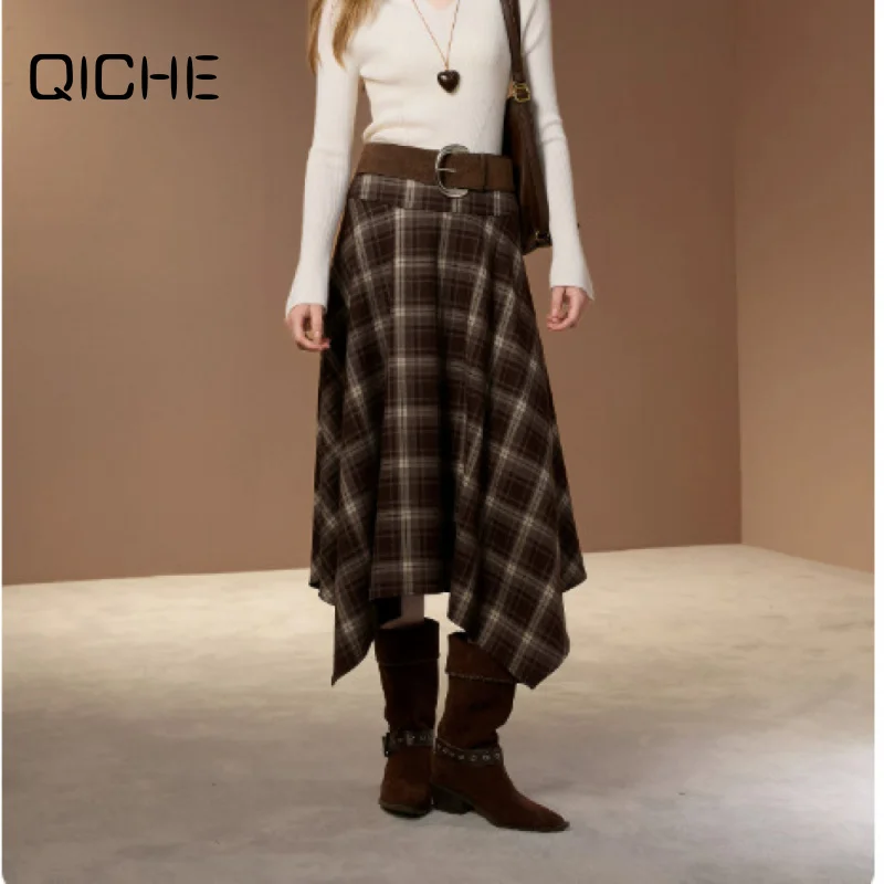 QICHE 2026 Fall A Line Skirt, Ladies Plaid Irregular Hem Midi Skirt Suitable For Petite Women