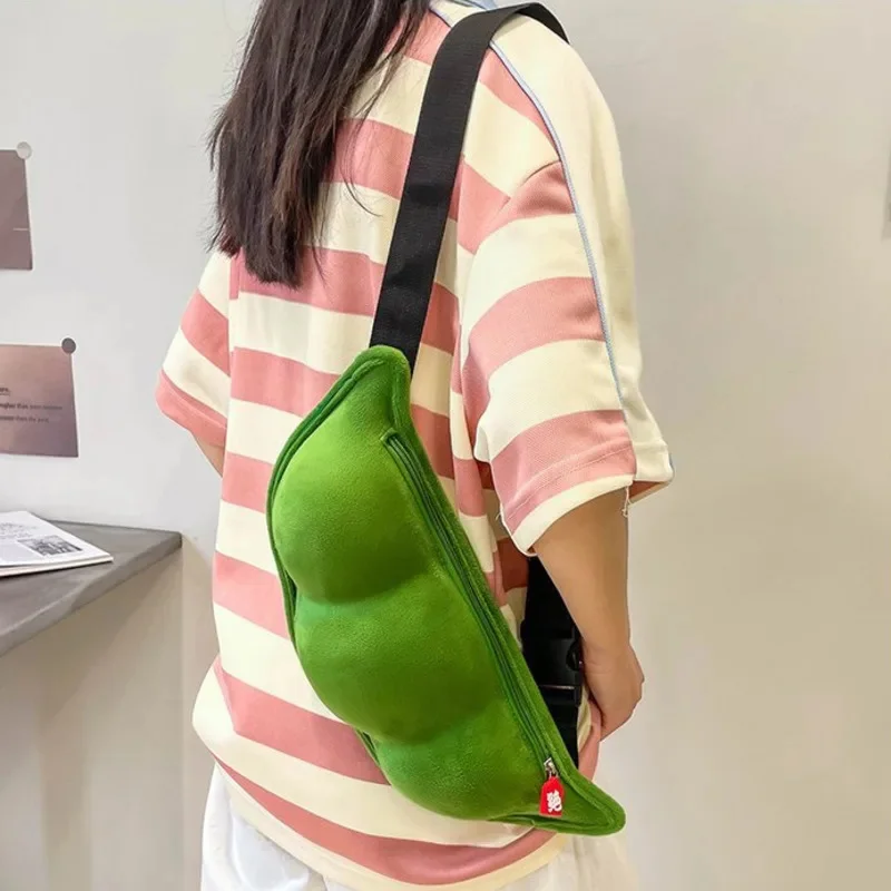 2024 Personality Creative Edamame Shape Ladies Messenger Bag Plush Pea Shoulder Bag Fun And Funny Chest Bag Bolsa De Mensajero