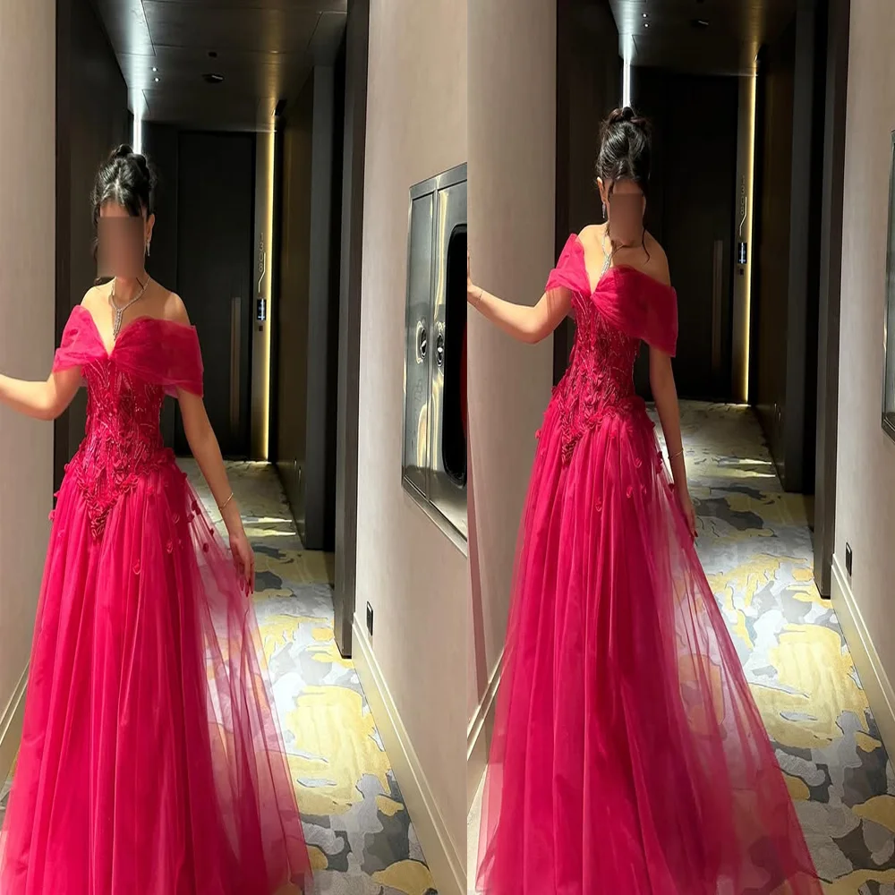 

Graceful Off Shoulder Tulle Evening Dress with 3D Floral Lace A-line Backless Long Train Beaded Prom Gown Customized