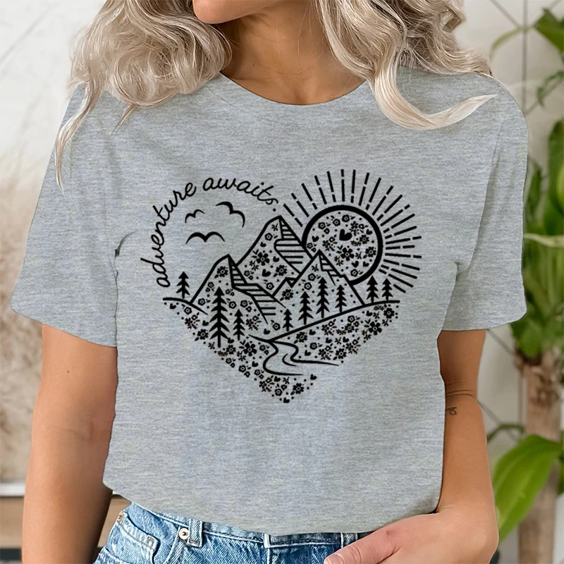 Heart Mountain Adventure Print Women Casual T-Shirt Women Summer Harajuku T Shirts Girl Casual Streetwear Fashion Trip Clothes