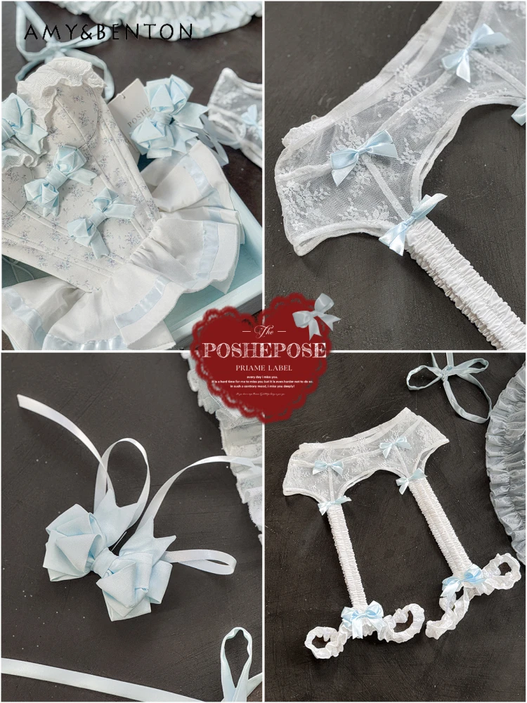 Ensemble jupe Lolita pour fille, tempérament rétro pastoral, épaules dénudées, nœud imprimé, haut sans bretelles, jupe Tutu, ensemble deux pièces pour femmes
