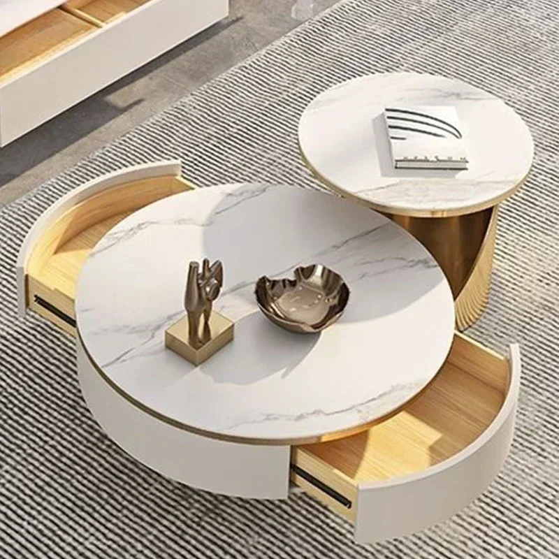 2pcs Modern Gold White Round Marble Slab Coffee Table Set Wooden Furniture Luxury Center Table For The Living Room