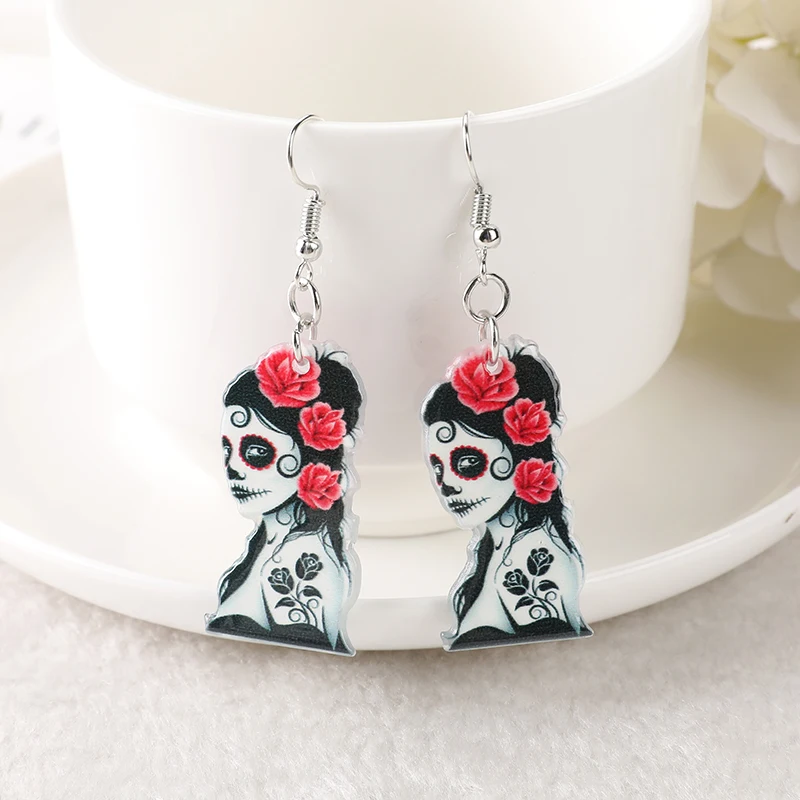 1Pair Halloween Day Of Dead Fashion Drop Earrings Creative Acrylic Mexican Skull Jewelry for Women Birthday Gift