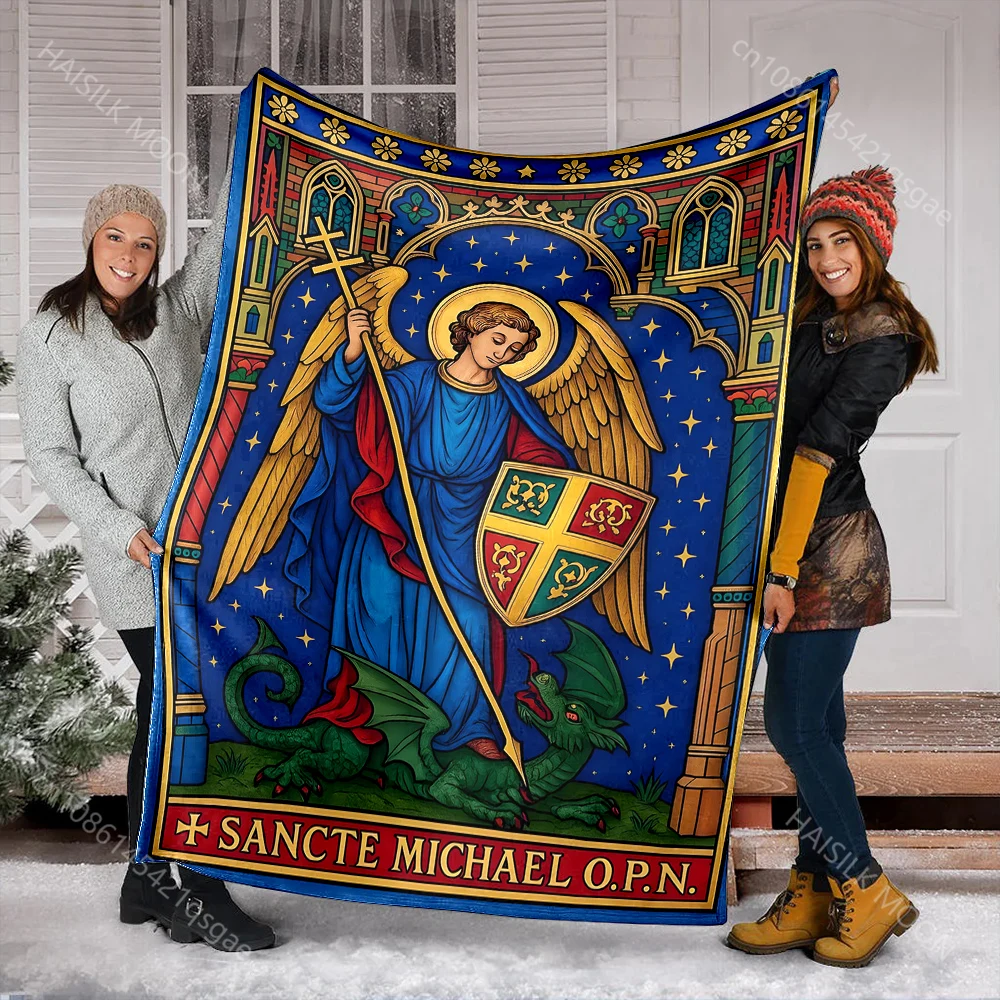 1PC Saint Michael defeating dragon print blanket Prayer blankets for believers suitable for home sofa camping travel car
