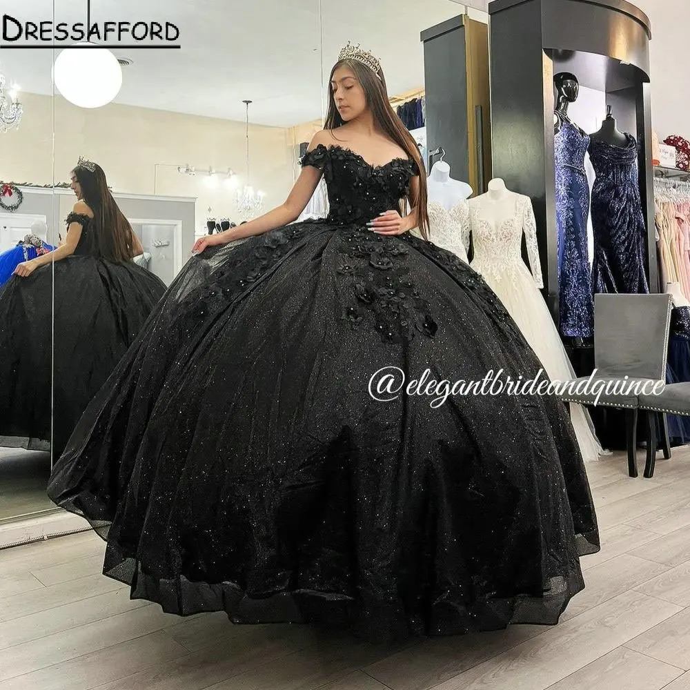 Schwarz Kristall 3D Blumen Quinceanera Kleid Ballkleid Weg Von Der Schulter Appliques Spitze Korsett Süße 15 Vestidos De Quinceañera