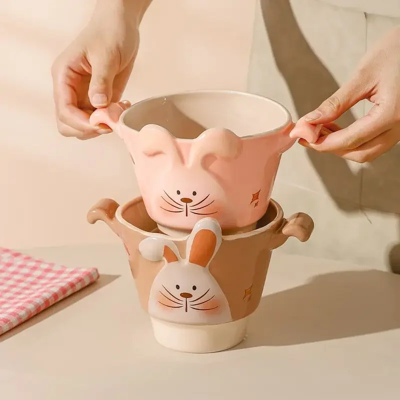 

Original Cartoon Noodle Bowl Household Ceramic Powder Blusher Rabbit Instant Noodle Bowl Anti Scald Large Soup Bowl Noodle Bowls