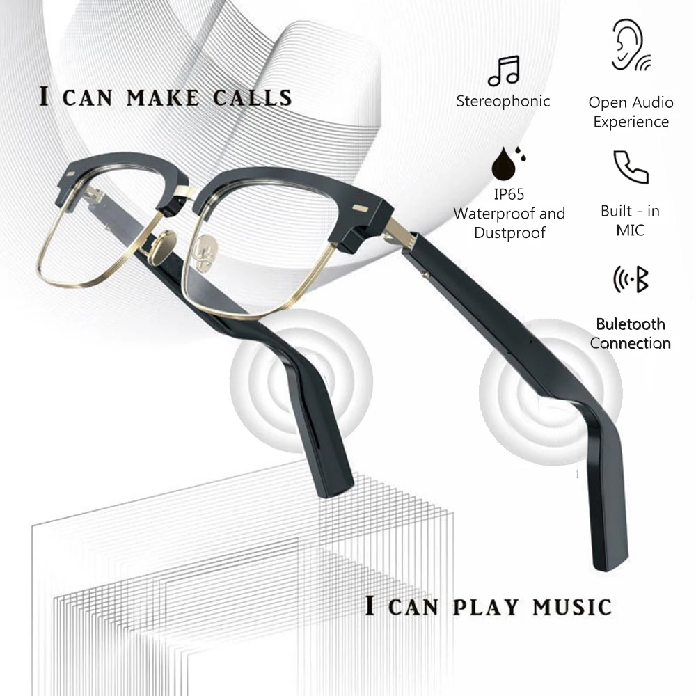 Smart Bluetooth Eyeglasses Glasses Earphones Wireless Headphones Waterproof Outdoor Business Headset with Mic for Voice Call