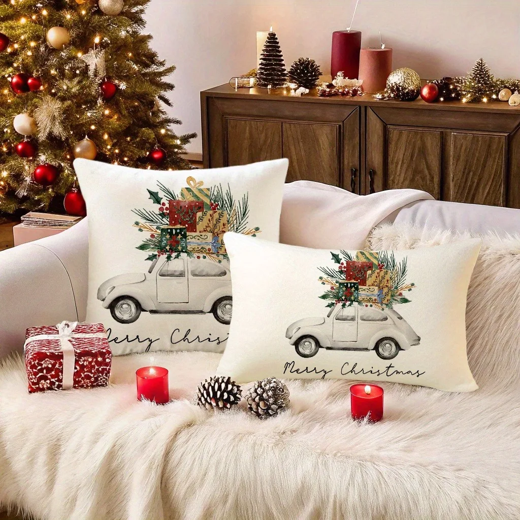 

Christmas Car-Themed Pillowcases: Merry Christmas Emblazoned! Sofa cushion cover, New Year home decoration