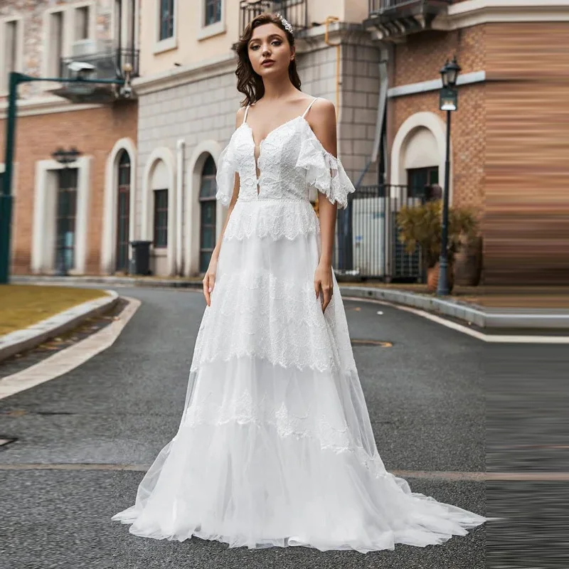 Attraente abito da sposa a-line Appliques profondo scollo a v Backless cappella treno fidanzamento Robe De Soirée De Mariage Drop Shipping