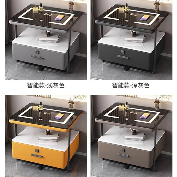 طاولة سرير ذكية صغيرة من الحديد المطاوع وبسيطة للغاية وحديثة وخفيفة وبطاولة صخرية فاخرة من الخشب الصلب وشحن لاسلكي لغرفة النوم #4