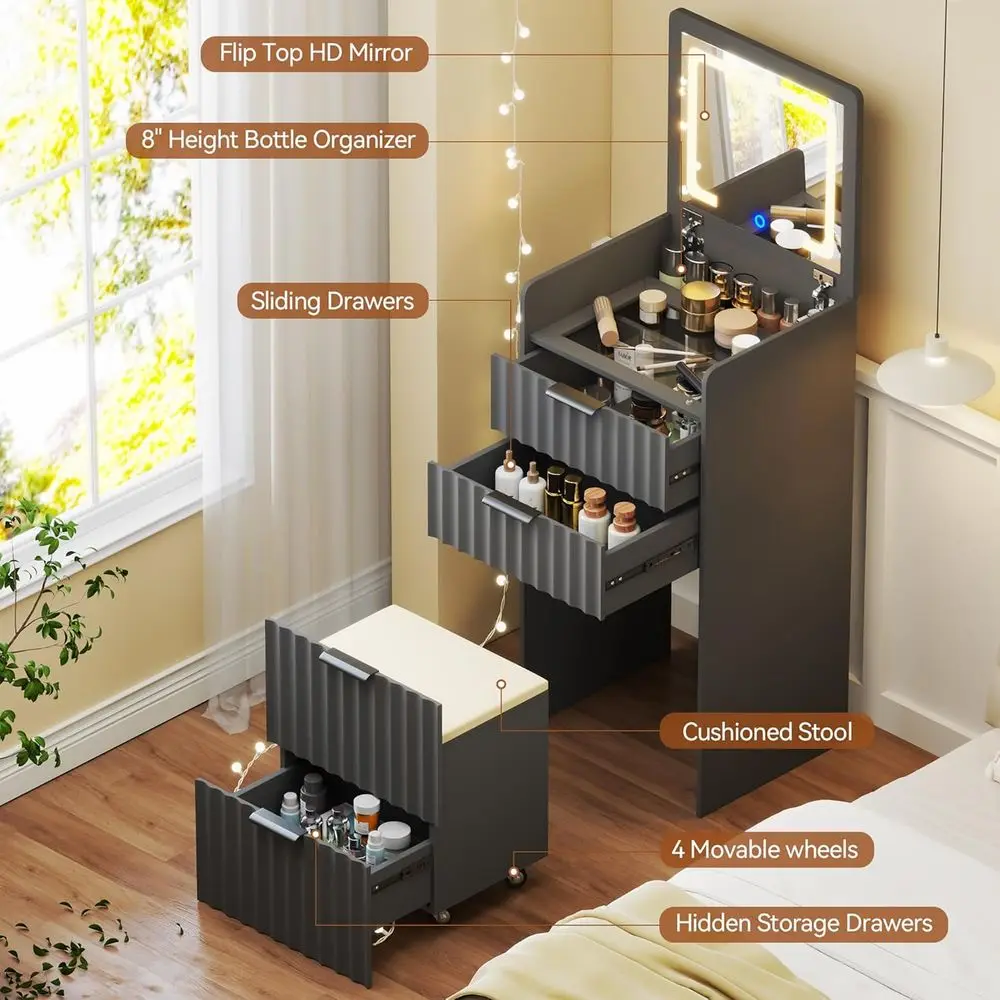3-in-1 Grey Vanity Desk with Mirror, Lights, and Storage Stool for Bedroom Makeup Area view 6