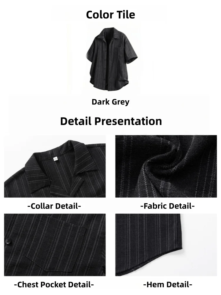 Retro Contrast-Striped Short-Sleeved Shirt for Men Summer Cuban Collar Shirt Draped-Effect Top Outerwear