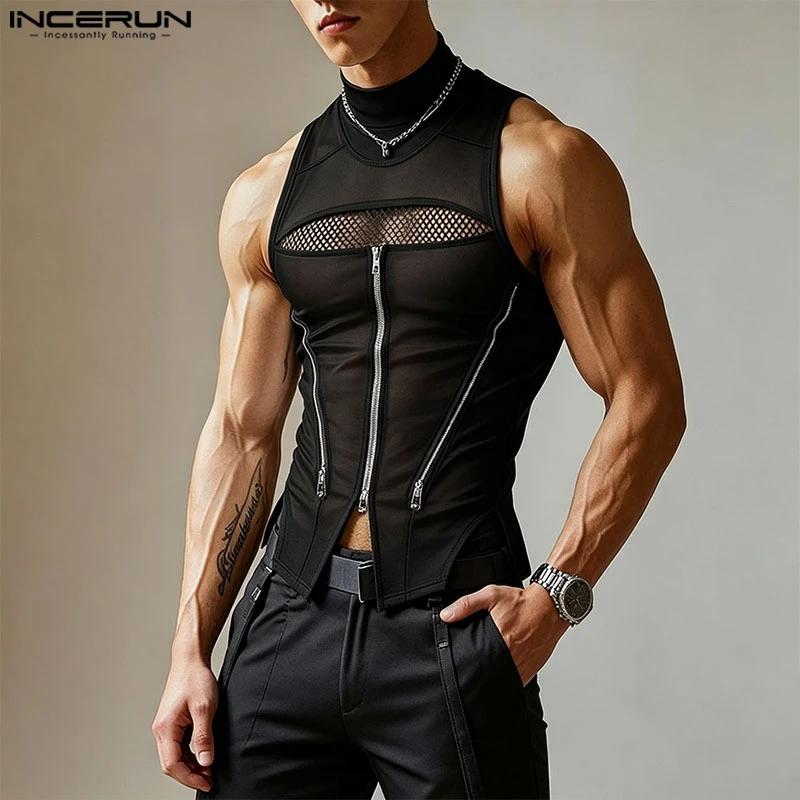 INCERUN Herren Tanktops Mesh Patchwork Rollkragen Ärmellose Männerwesten Streetwear Sommer Reißverschluss Sexy Durchsichtige Männerkleidung Oberteile