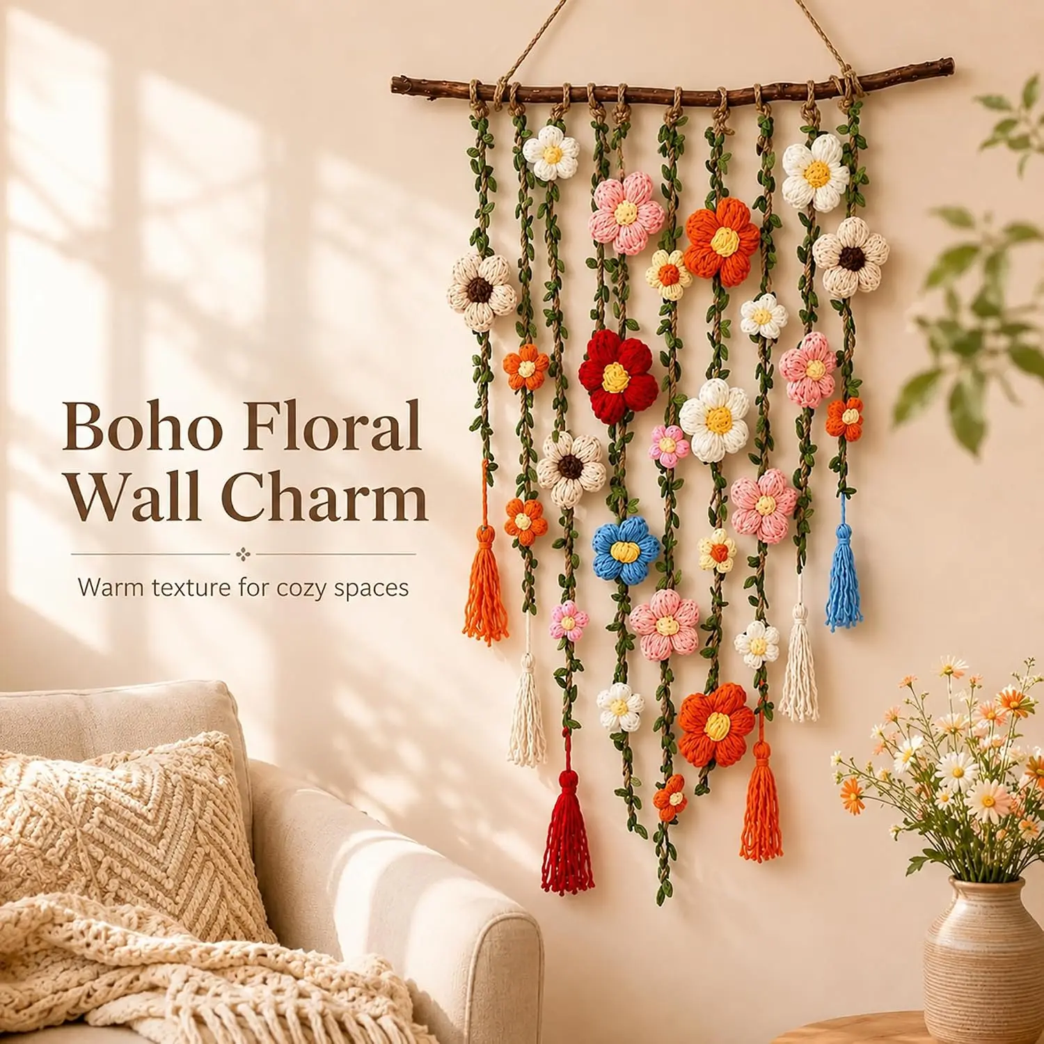 Handmade Bohemian Style Crochet Flower Wall Decoration Pendant Flower Weaving with Hanging Feature for Home Decor