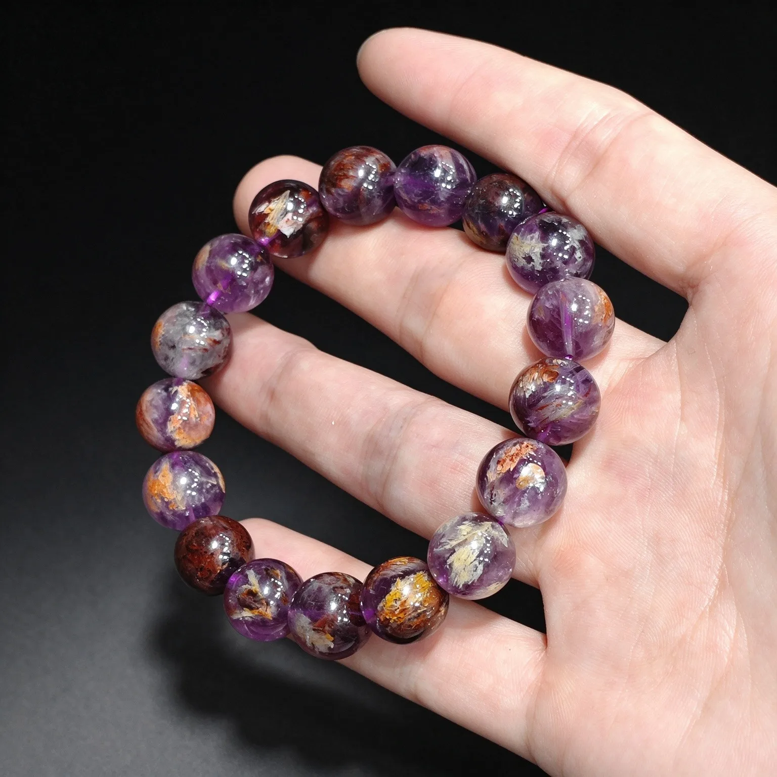 Natural Fire Purple Phantom Quartz Bracelet Round Beads Crystal Stretch Jewelry Gemstone Wristband Present Gift for Women