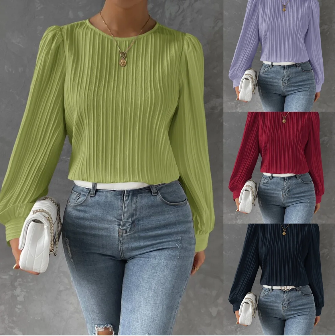 

2023 Autumn Woman Blouse Solid Folds Round Neck Lantern Sleeve Leisure Shirts Straight Blouses Normal Workwear Office Lady