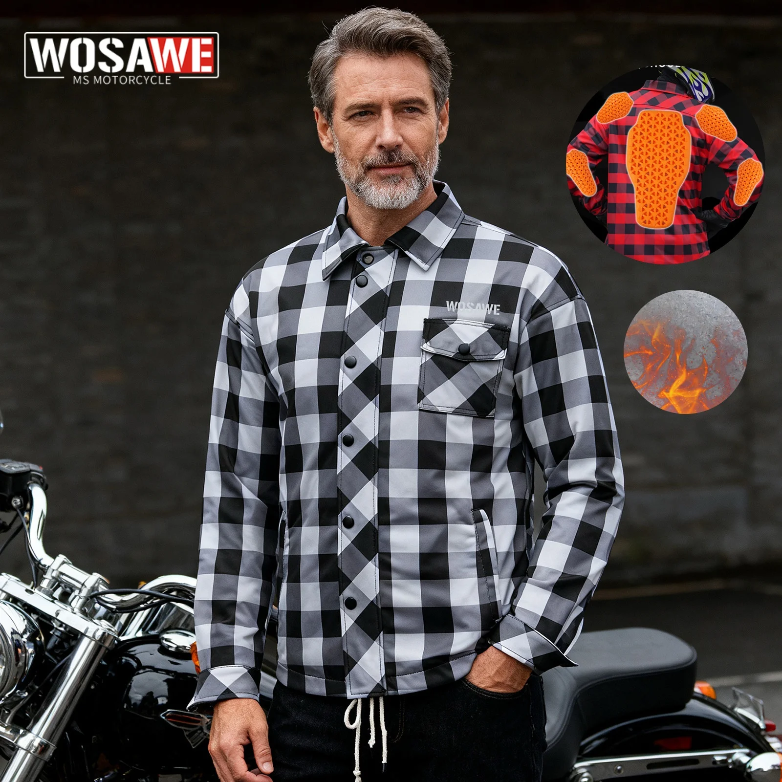 WOSAWE Men Motorcycle Jacket New Upgraded Winter Warm Checkered Shirt Retro Casual Motorbike Motorcyclist Clothing