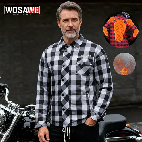 Imagen 1 del producto Chaqueta de Motocicleta para Hombre WOSAWE, Nueva Versión Mejorada, Cálida para Invierno, Camisa a Cuadros, Ropa Retro Casual para Motociclistas