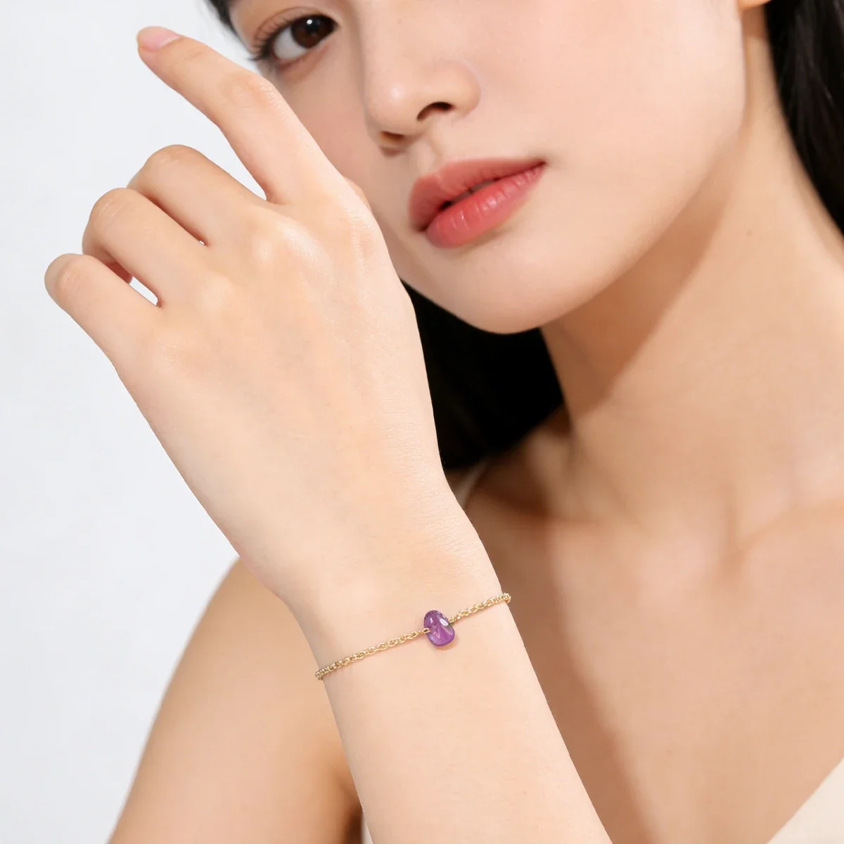 

Fashionable and minimalist stainless steel chain natural amethyst natural gemstone beads women's bracelet jewelry